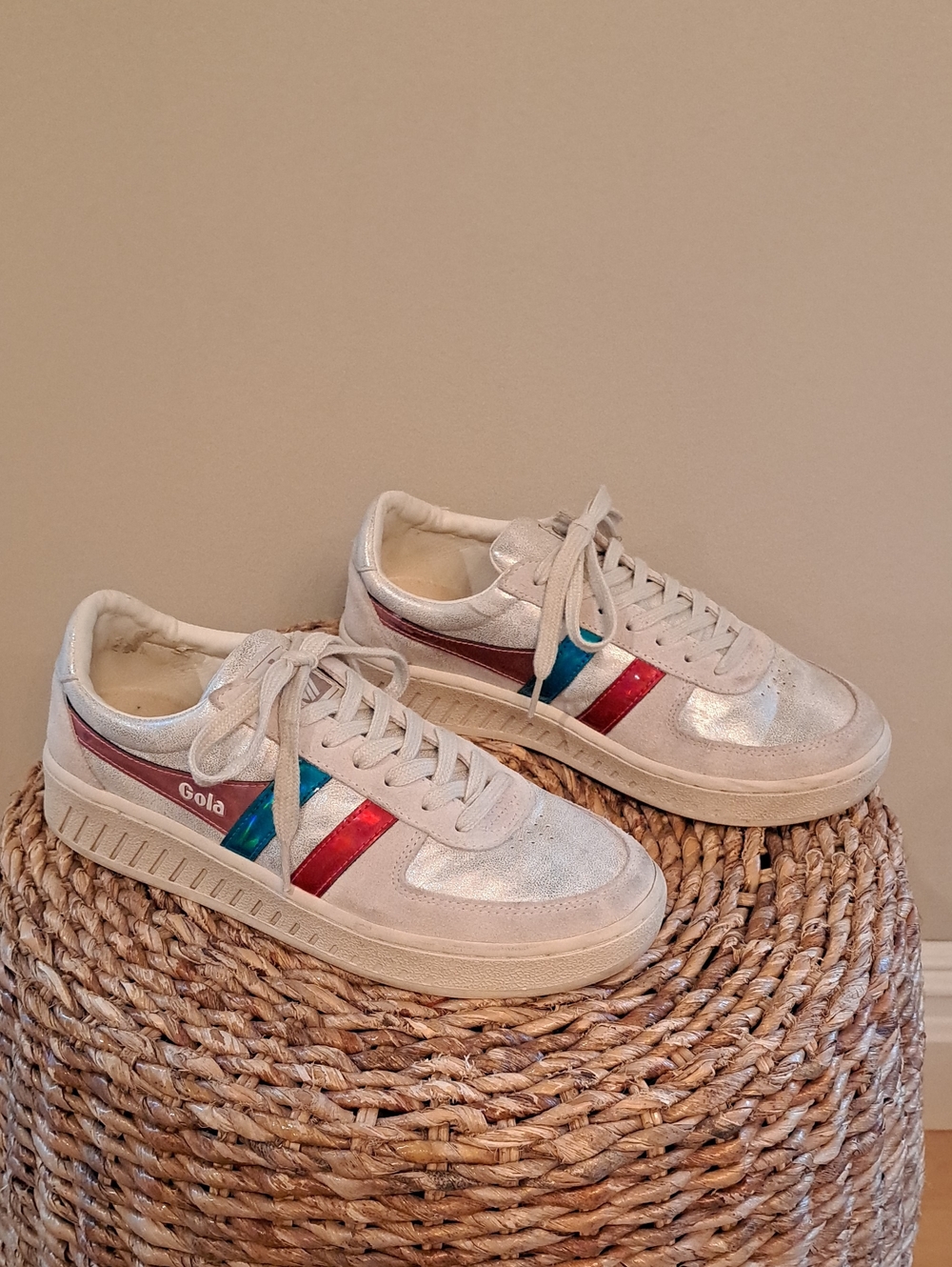 Gola Womens Grandslam Metallic Silver Leather Athleisure/Preppy Sneakers 9